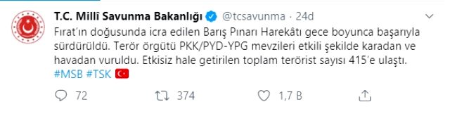 Öldürülen terörist sayısı 4 günde 415 oldu