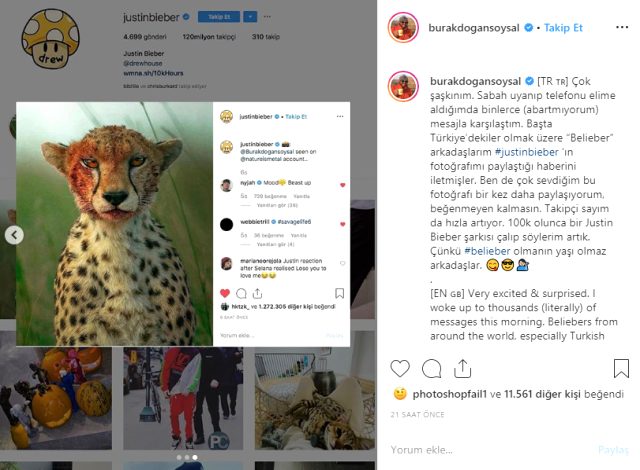Justien Bieber'dan gururlandıran Türk paylaşımı 