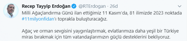 Cumhurbaşkanı Erdoğan tüm vatandaşlara fidan dikme çağrısında bulundu