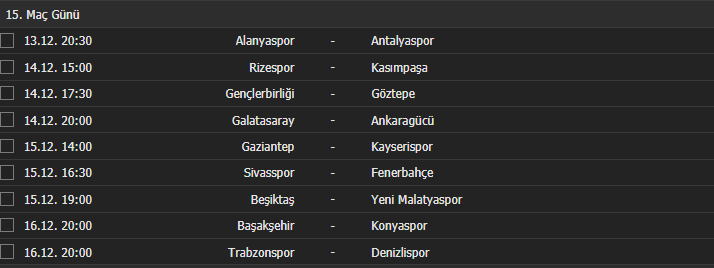 Süper Lig 14. hafta puan durumu | Süper Lig 15. hafta fikstürü