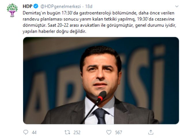 Selahattin Demirtaş'ın gece saatlerinde hastaneye kaldırıldığı iddialarına HDP'den açıklama!