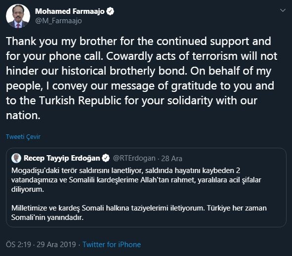 Cumhurbaşkanı Erdoğan Somali Cumhurbaşkanına taziyelerini iletti