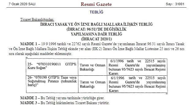 Patates ve soğanın ihracatına satışına kısıtlama geliyor