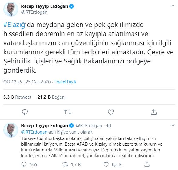 Cumhurbaşkanı Erdoğan'dan deprem açıklaması