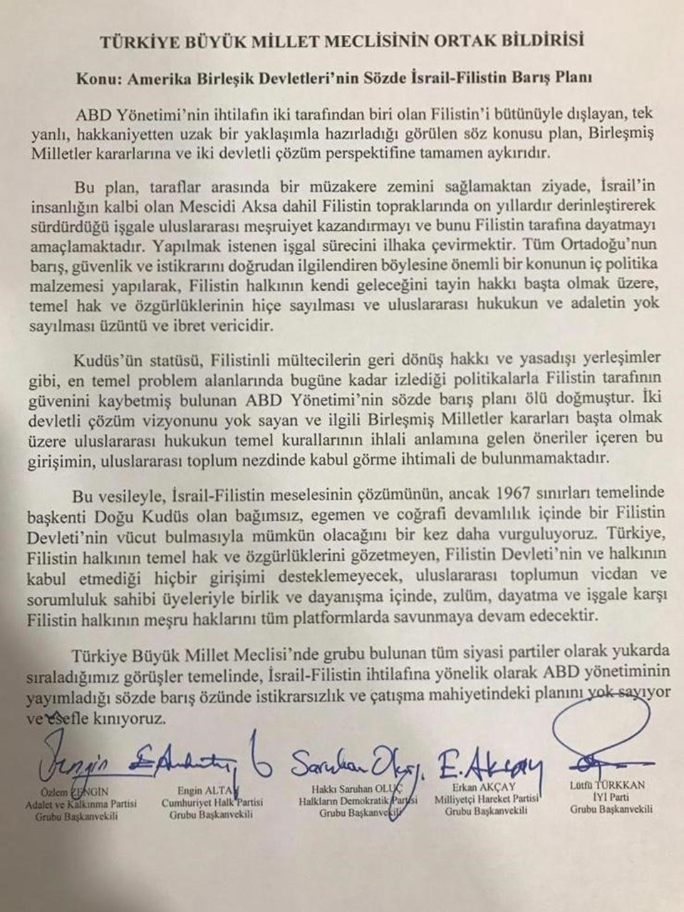 TBMM, ABD'nin sözde Orta Doğu planına kınadı