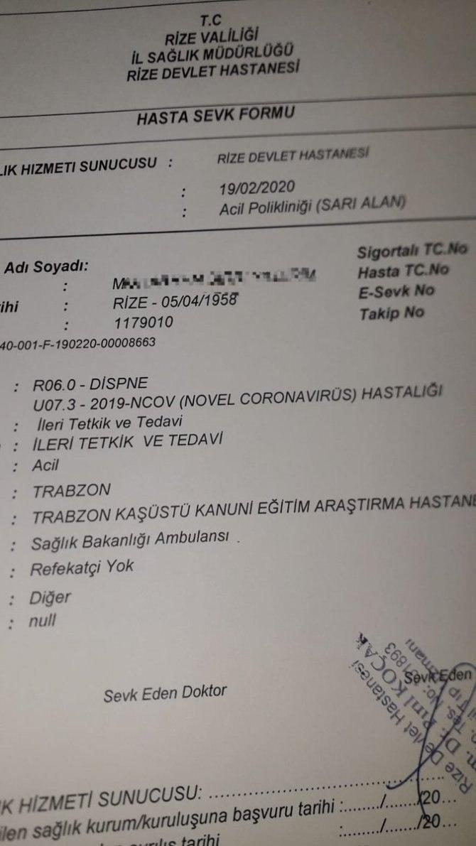 Rize'de koronavirüs paniği! Bir kişi karantina altına alındı