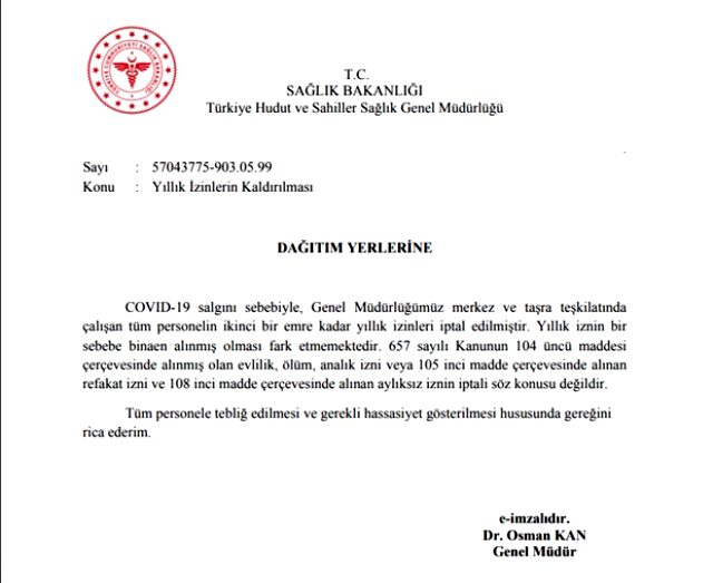 Son dakika: Sağlık Bakanlığı, hudut ve sahil çalışanlarının izinlerini iptal etti
