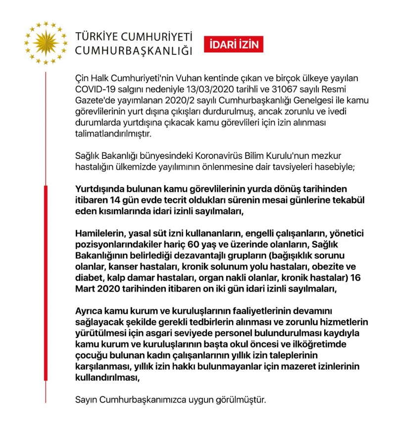 Kamuda çalışan 60 yaş ve üzerindekilere 12 gün idari izin