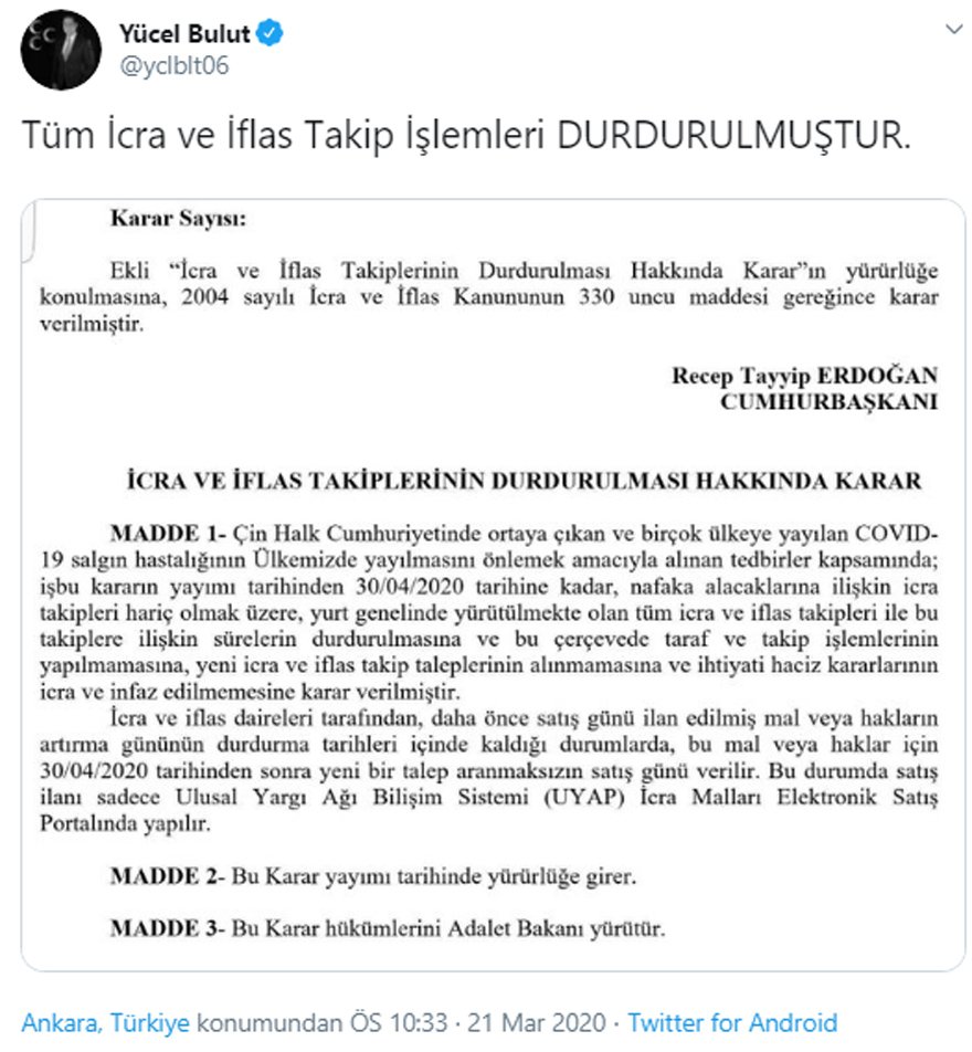 İcra ve iflas takip işlemleri durduruldu!