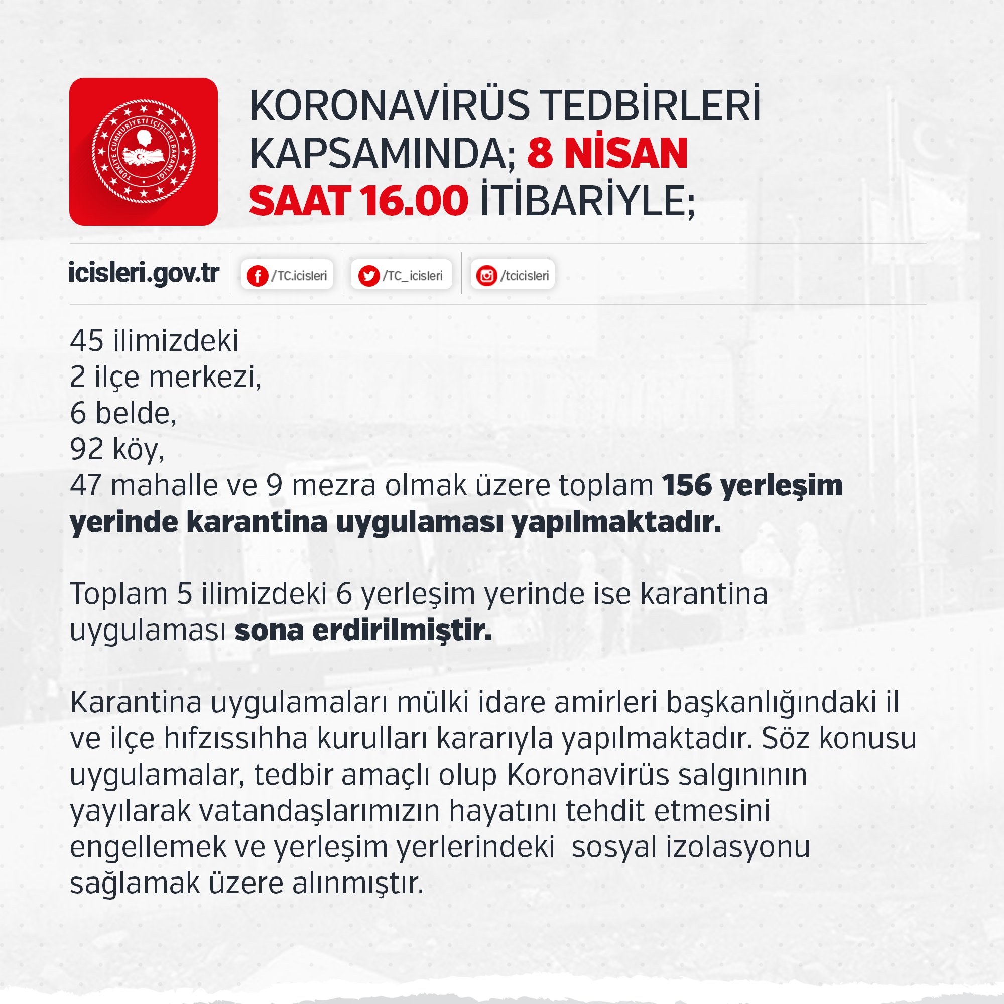 İçişleri Bakanlığı:45 ildeki 156 yerleşim yerinde karantina uygulaması sürüyor