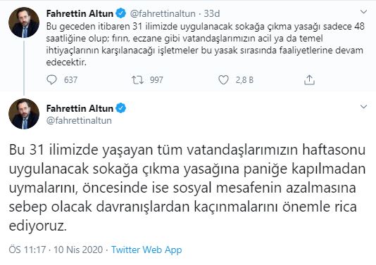 İletişim Başkanı Fahrettin Altun'dan sokağa çıkma yasağına ilişkin açıklama