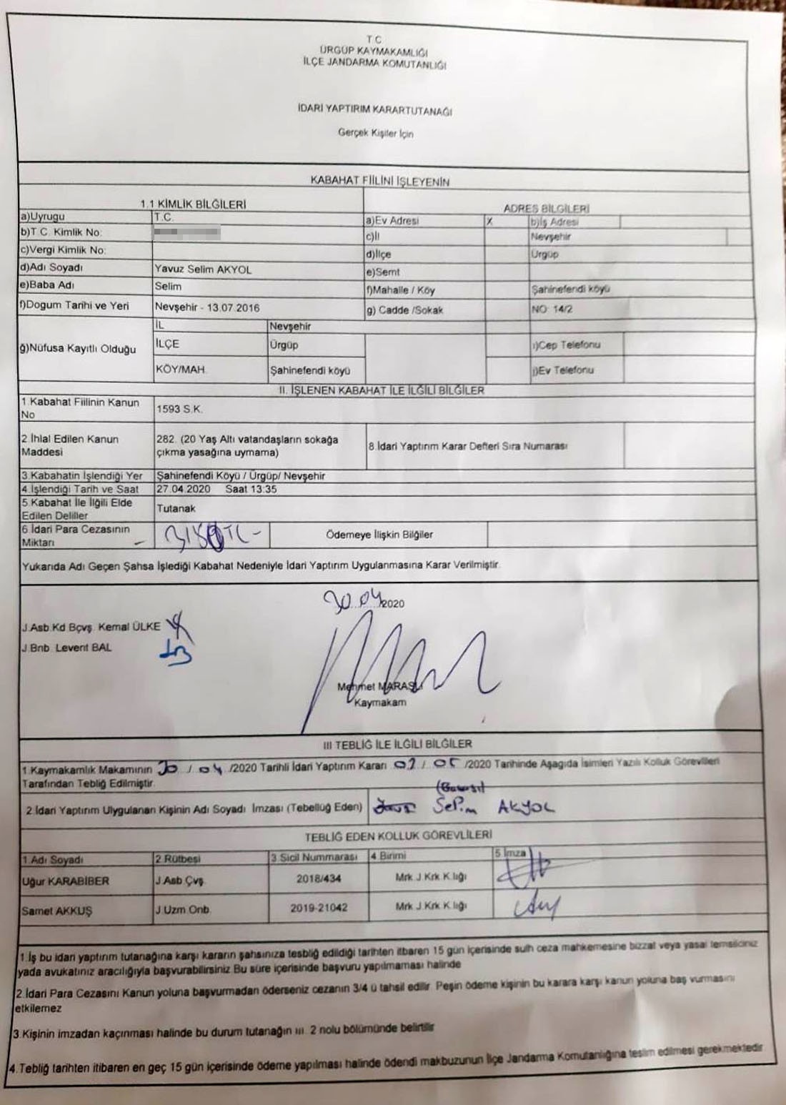 4 yaşındaki çocuğa 3 bin 150 lira ceza kesildi