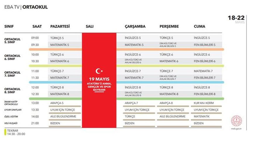 EBA 18-24 Mayıs haftalık ders programı ilkokul | ortaokul | lise 