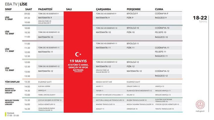 EBA 18-24 Mayıs haftalık ders programı ilkokul | ortaokul | lise 