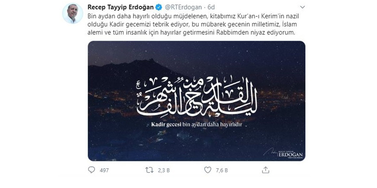 Cumhurbaşkanı Erdoğan'dan Kadir Gecesi mesajı