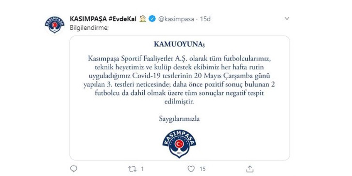 Kasımpaşa'dan koronavirüs test sonuçlarına ilişkin açıklama