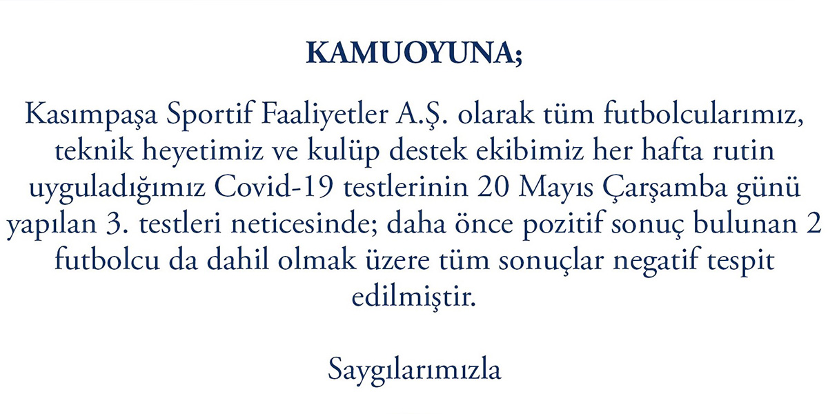 Kasımpaşa'dan koronavirüs test sonuçlarına ilişkin açıklama