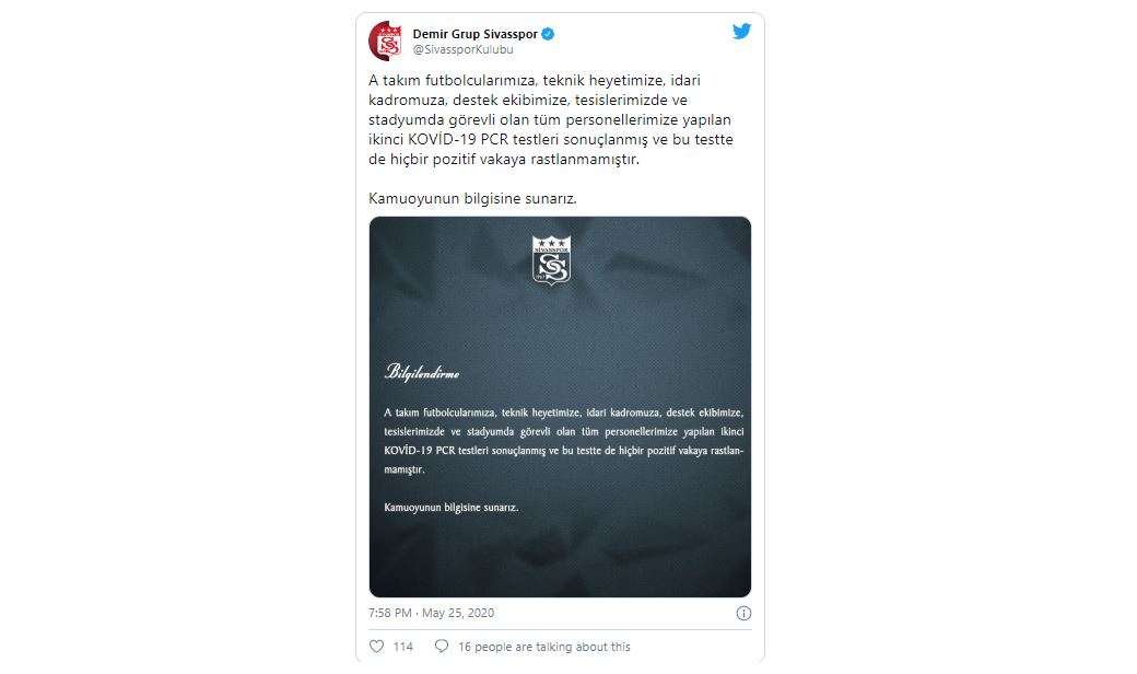 İkinci kez yapılan koronavirüs testlerinin sonuçları ne çıktı? Sivasspor açıkladı