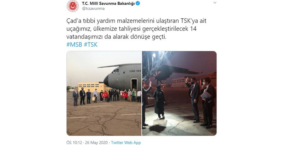 MSB açıkladı: "Çad’dan TSK'ya ait uçağımız 14 vatandaşımızı da alarak dönüşe geçti”