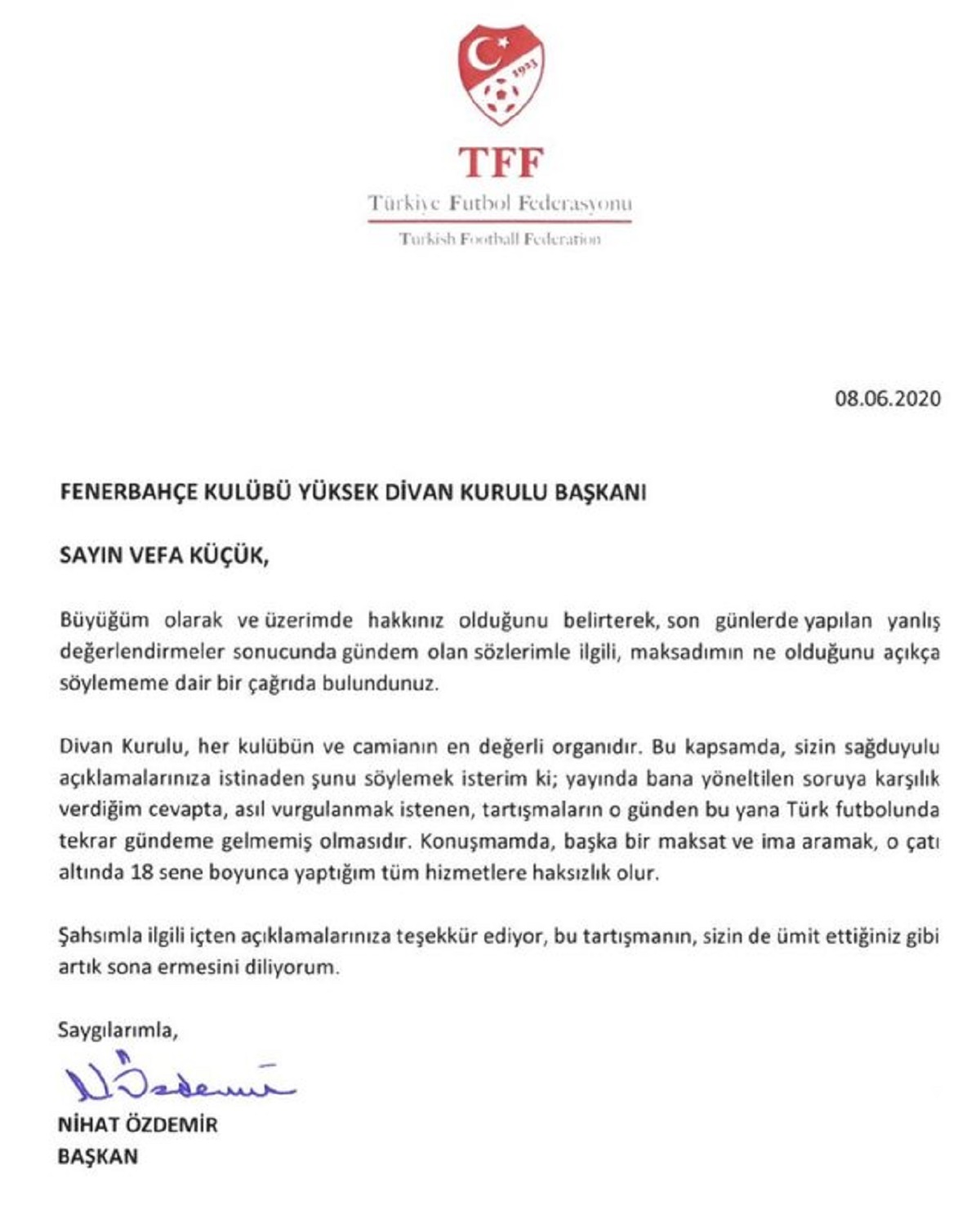 TFF Başkanı Nihat Özdemir'den Fenerbahçe Yüksek Divan Kurulu Başkanı'na mektup!