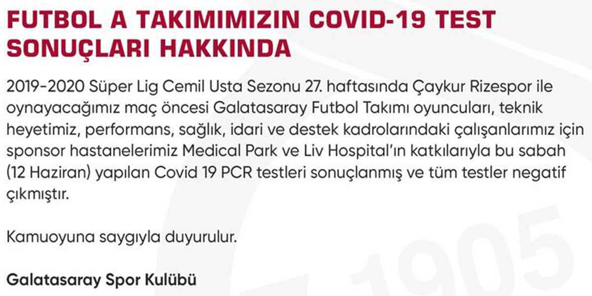 Galatasaray'dan koronavirüs test sonuçları ile ilgili açıklama
