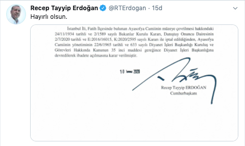 Cumhurbaşkanı Erdoğan'dan Ayasofya ile ilgili ilk açıklama geldi!