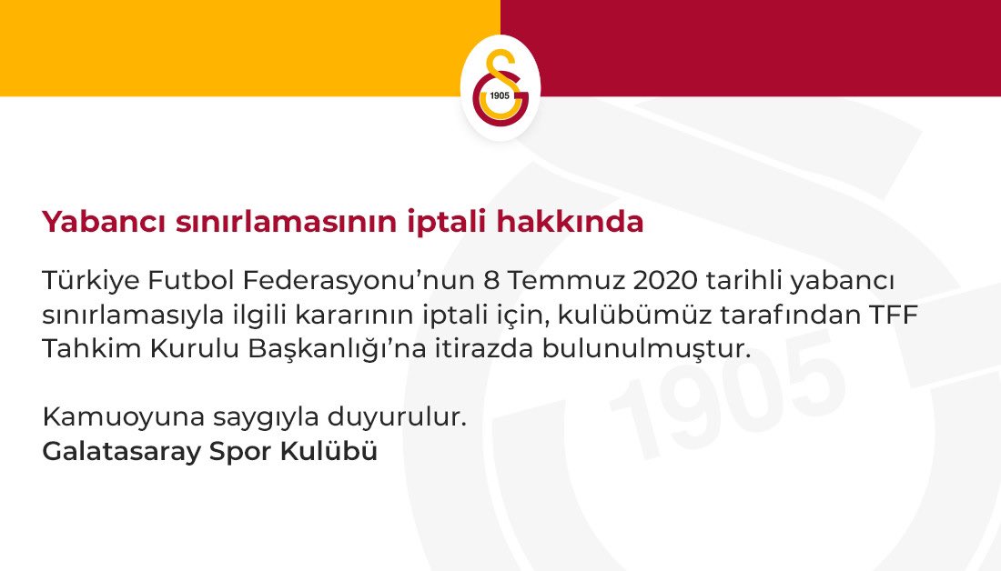 Galatasaray'dan yabancı kuralının iptali için Tahkim Kurulu'na itiraz!
