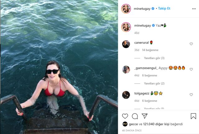 Mine Tugay'ın kırmızı bikinili pozu binlerce beğeni aldı
