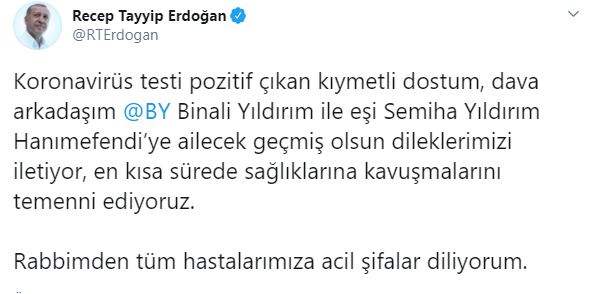 Erdoğan'dan Binali Yıldırım'a 'geçmiş olsun' mesajı