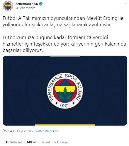 Fenerbahçe'den Mevlüt Erdinç ayrılığına ilişkin açıklama!
