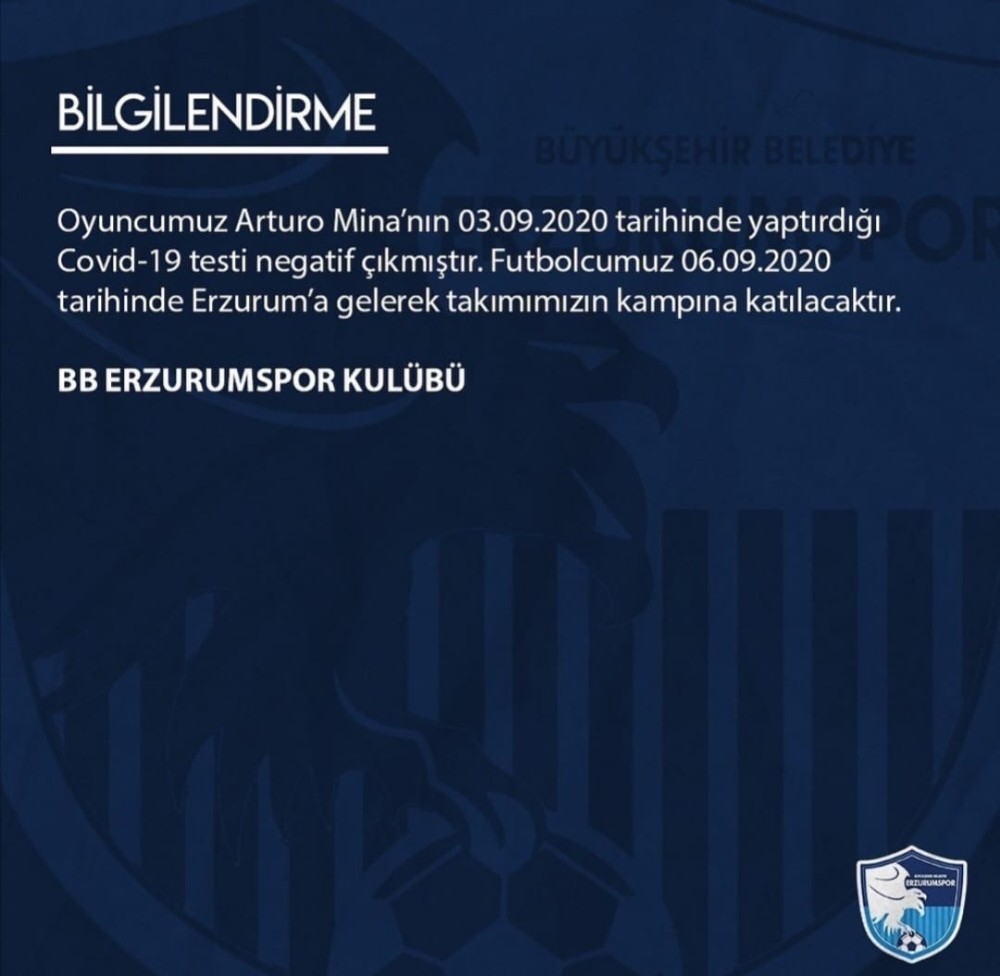 Erzurumspor'un yeni transferi Arturo Mina'nın korona virüs testi negatif