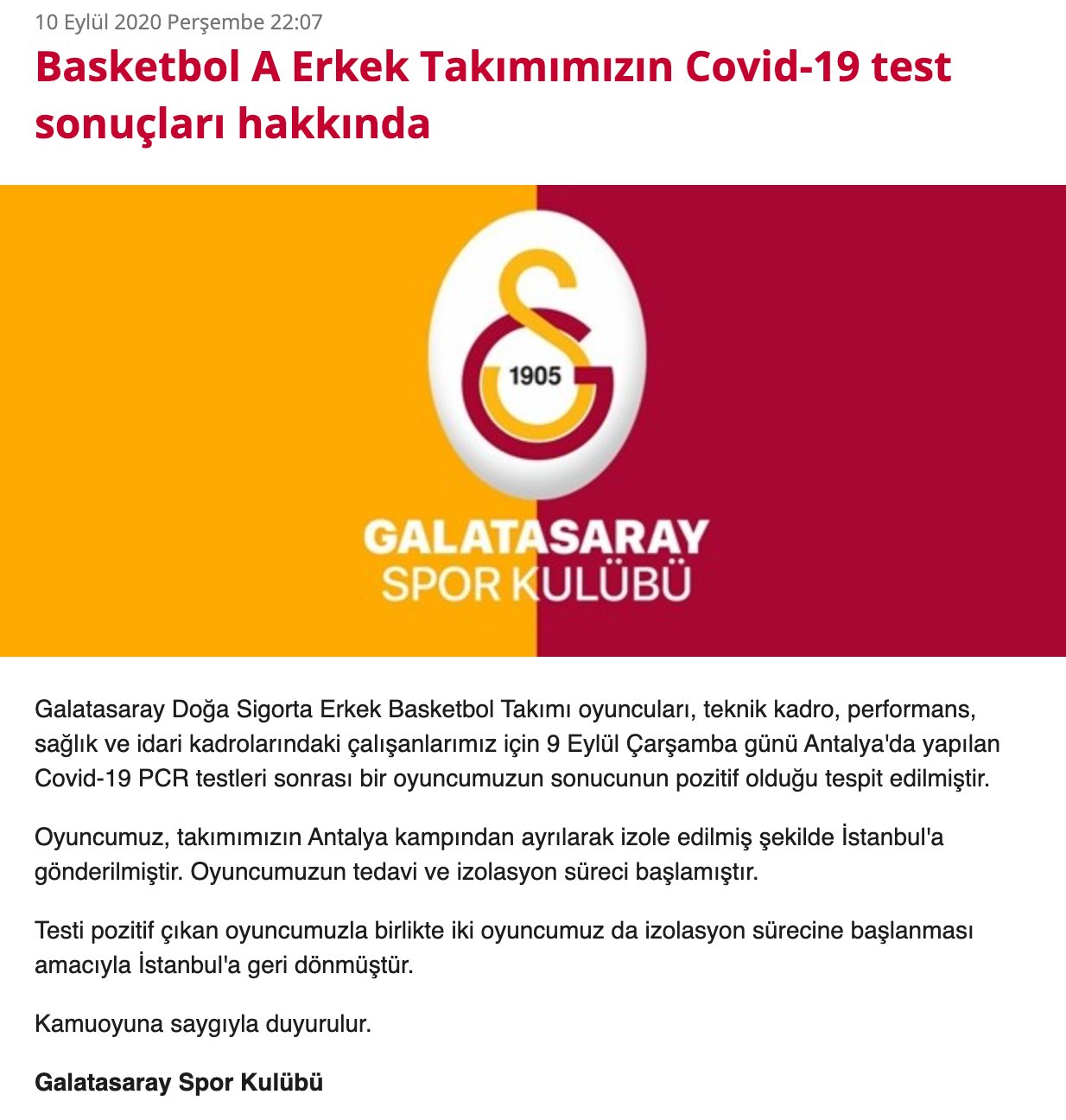 Galatasaray'da Kovid-19 şoku! Bir oyuncunun testi pozitif çıktı