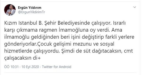 Ergün Yıldırım İBB'nin kızına yaptığı mobbingi ifşa etti!