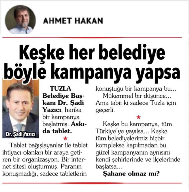 Tuzla Belediyesi'nin 'Askıda Tablet' kampanyasına bir destek de Ahmet Hakan'dan geldi