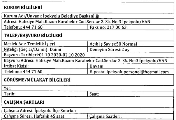 Van İpekyolu Belediyesi 50 personel alımı 2020