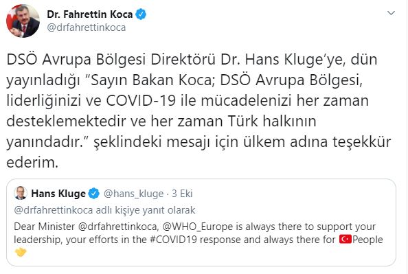 Bakan Koca'dan DSÖ Avrupa Bölgesi Direktörüne teşekkür!