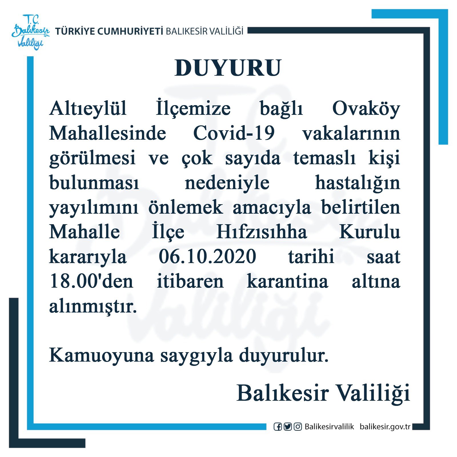 Balıkesir Valiliği'nden flaş açıklama! Bir mahalle karantinaya alındı