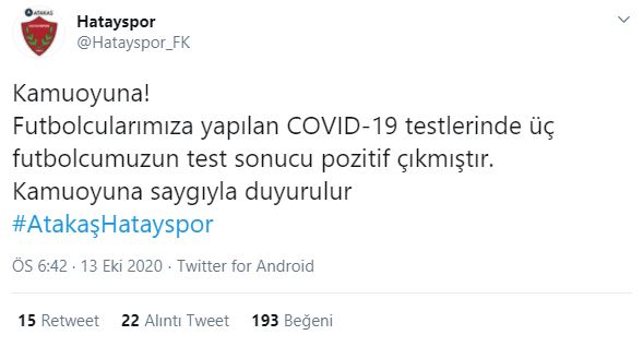Hatayspor'da Kovid-19 şoku!