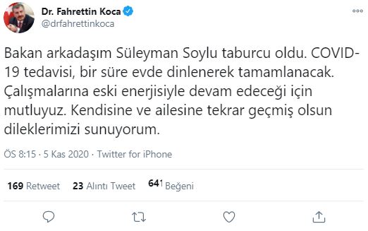 Koronavirüs tedavisi gören İçişleri Bakanı Süleyman Soylu'dan flaş açıklama