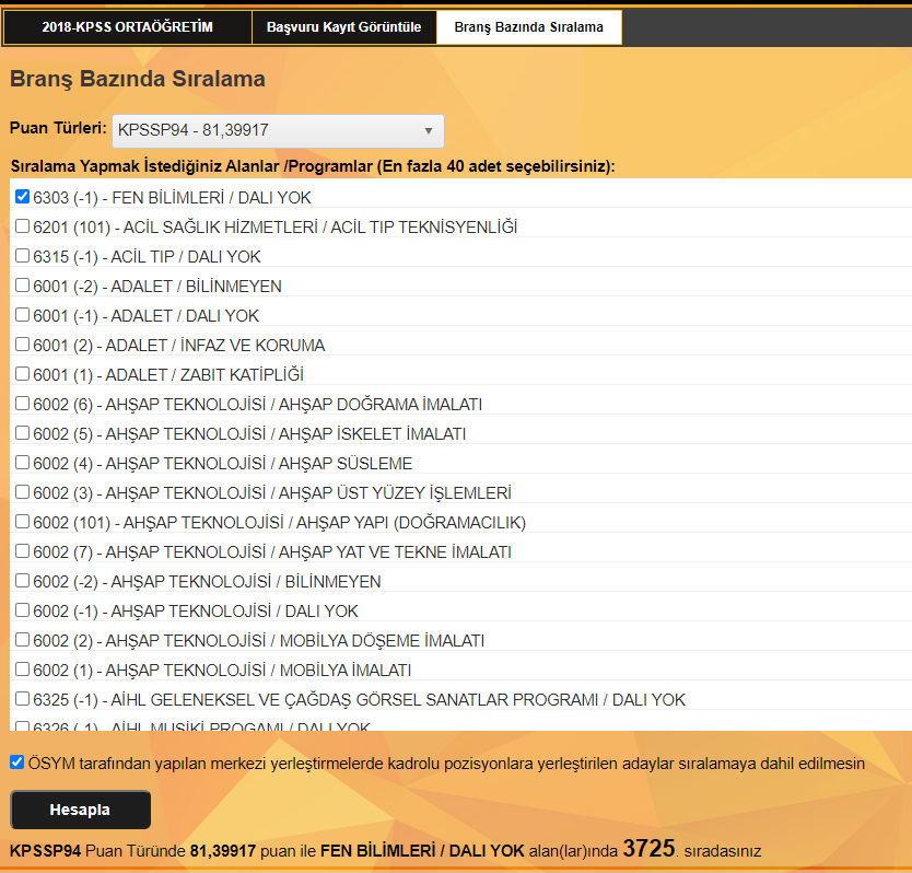 KPSS branş sıralaması robotu 2020
