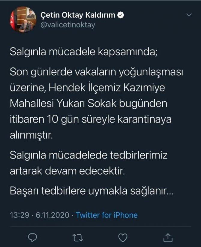 Sakarya Hendek'de bir sokak karantinaya alındı