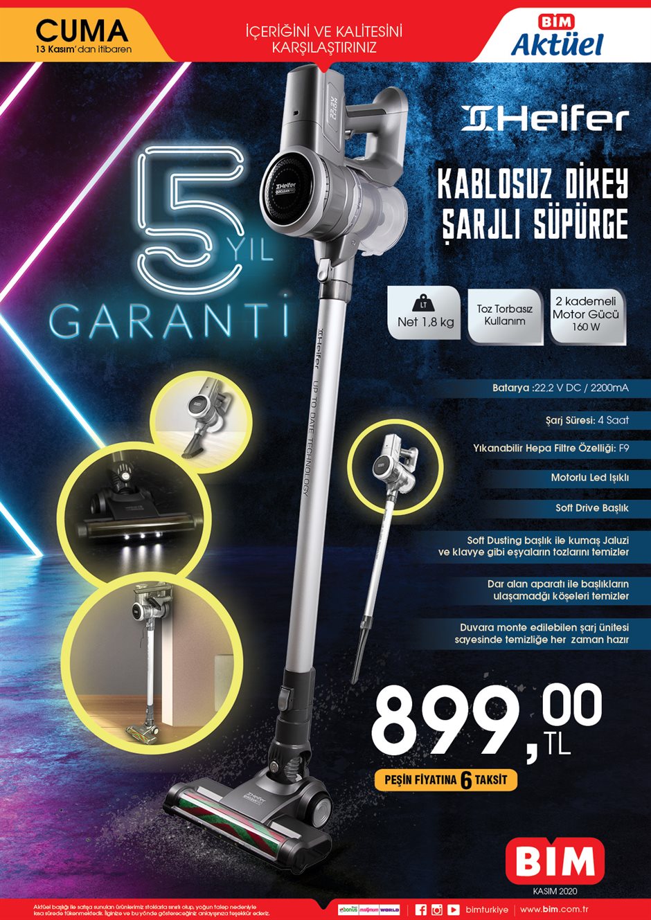 BİM 13 Kasım 2020 kataloğu | Heifer kablosuz dikey şarjlı süpürge uygun fiyata BİM'de!
