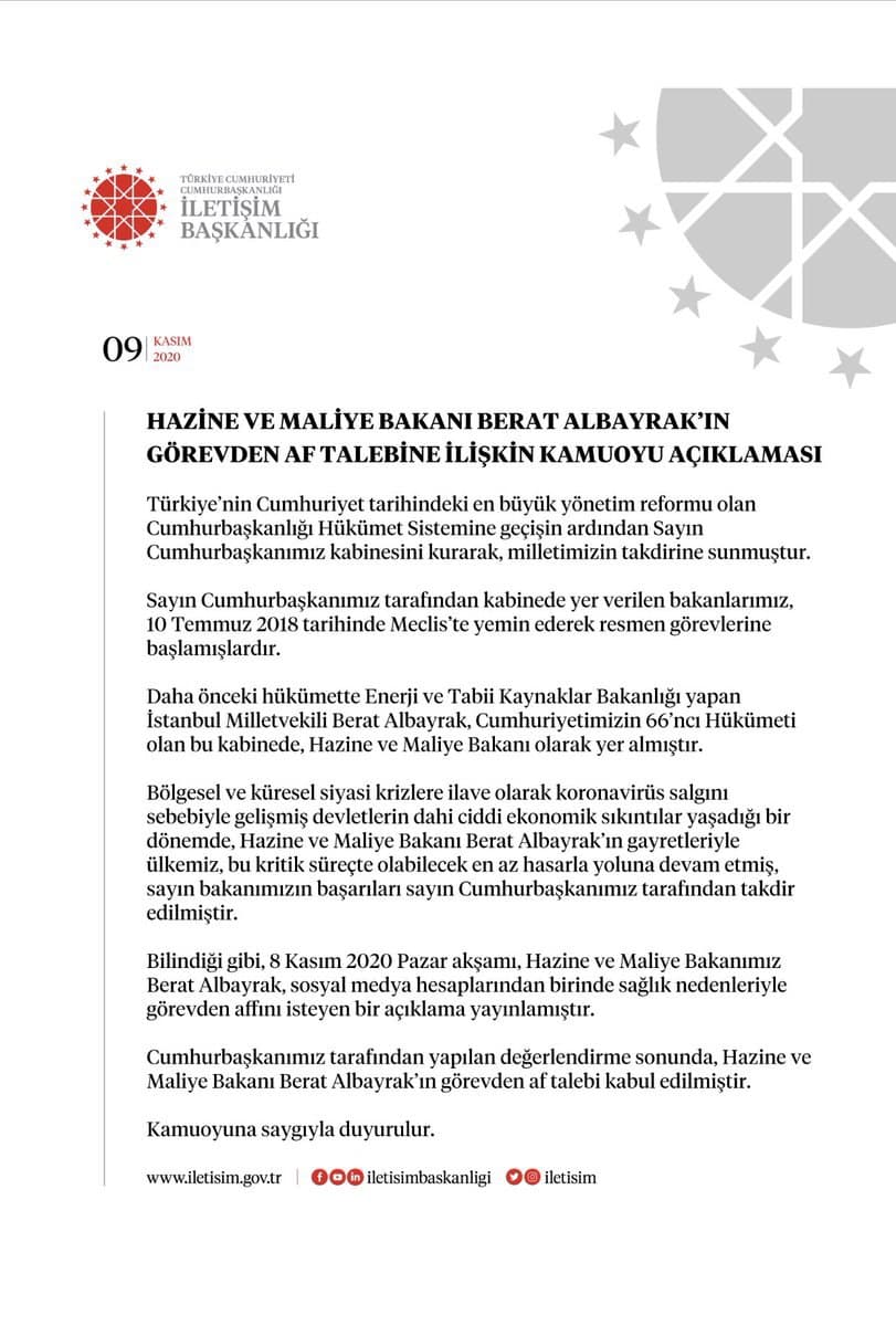 Berat Albayrak'ın istifası kabul edildi mi?