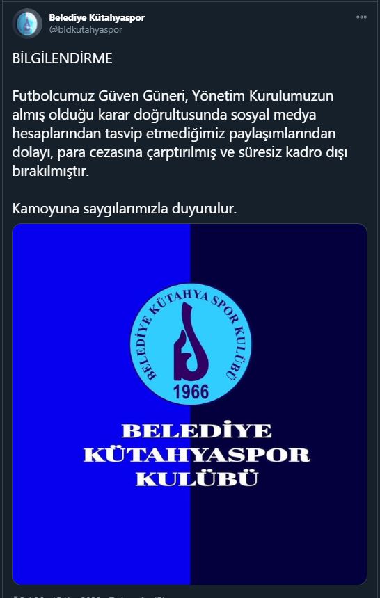 Belediye Kütahyaspor oyuncusu Güven Güneri paylaşımının ardından kadro dışı kaldı