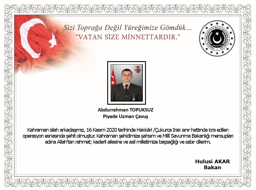 MSB acı haberi duyurdu: Hakkâri Çukurca'da bir Mehmetçik şehit oldu