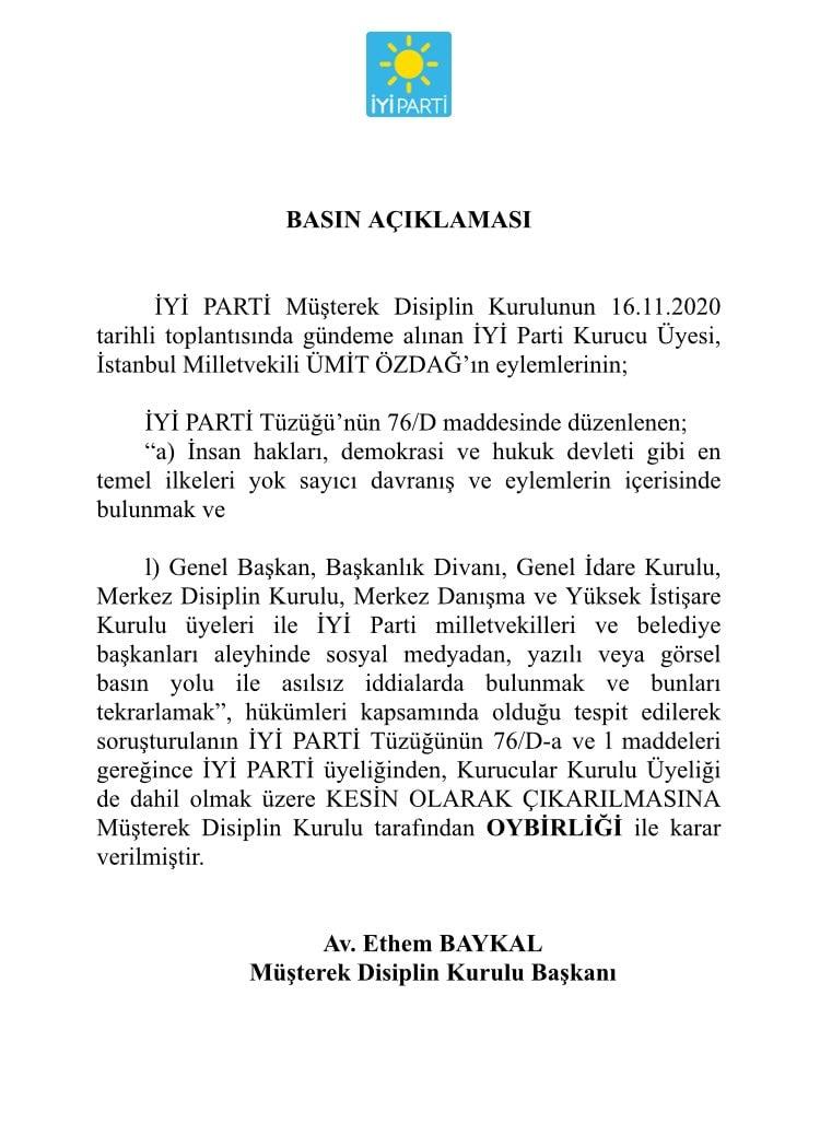 Ümit Özdağ İyi Parti'den ihraç edildi