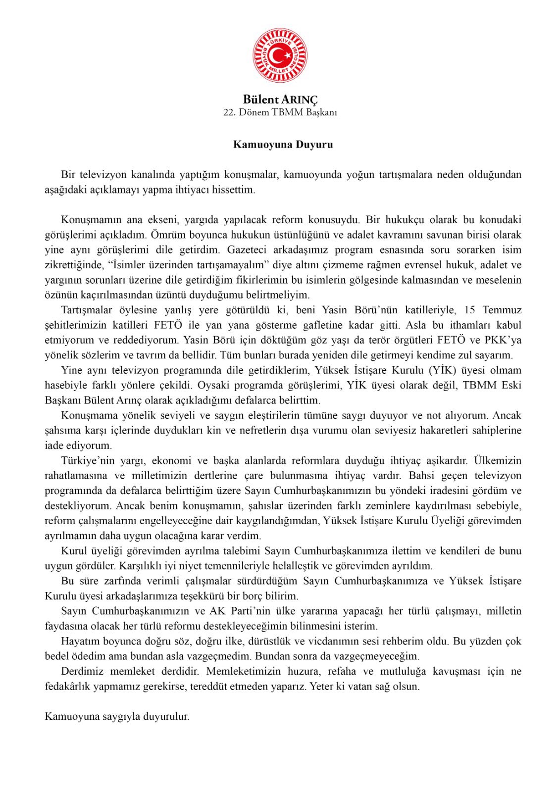 Son dakika: Bülent Arınç, Cumhurbaşkanlığı YİK üyesi Bülent Arınç istifa etti