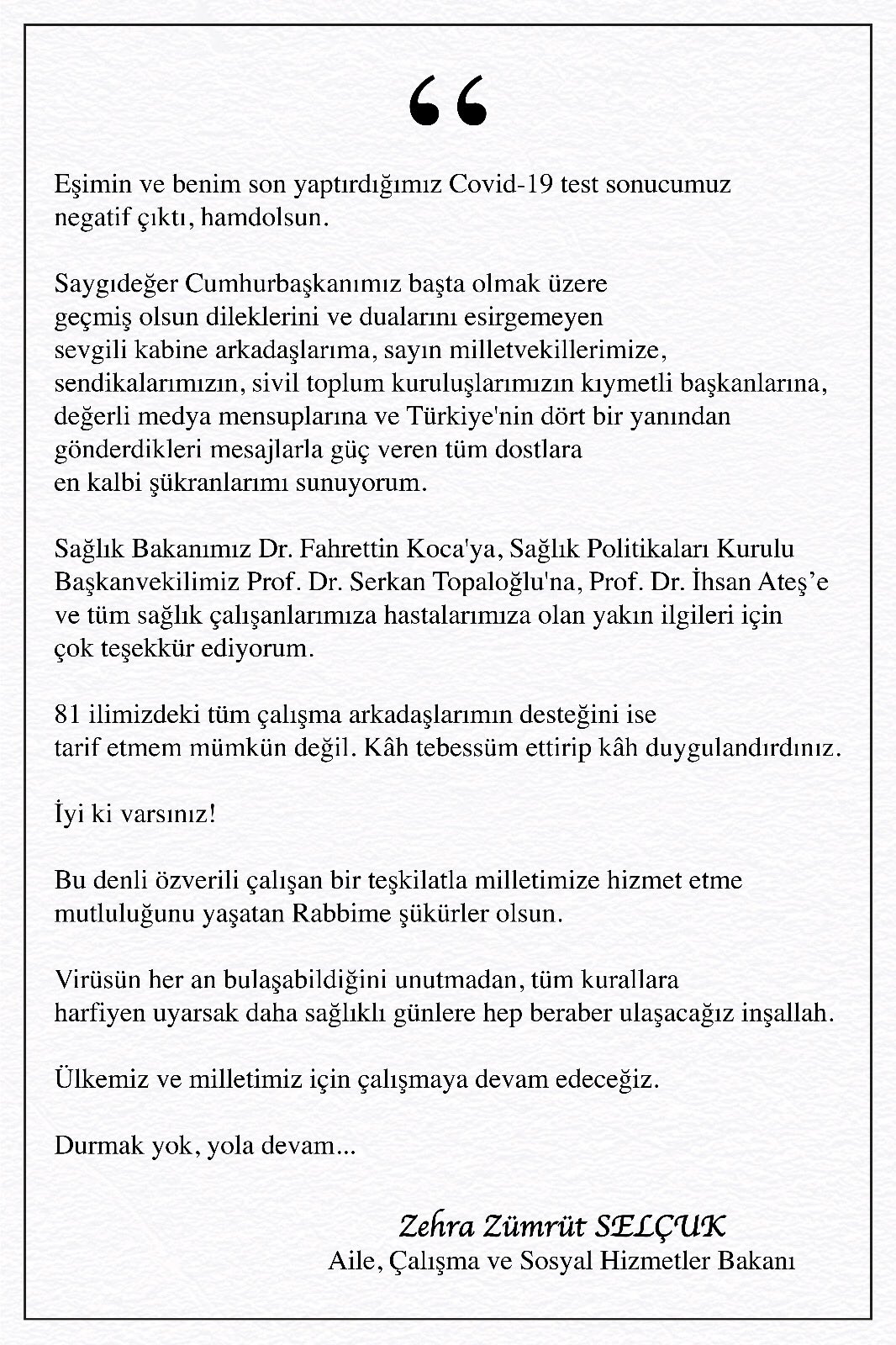 Bakan Selçuk duyurdu: Kovid-19 test sonucumuz negatif çıktı