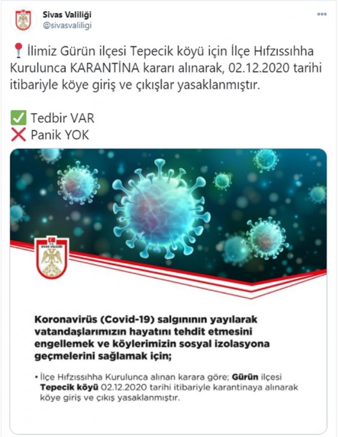 Gürün'de bir köy karantinaya alındı