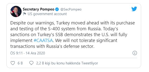 Amerika Birleşik Devletleri'nden Türkiye'ye S-400 sebebiyle yaptırım kararı!